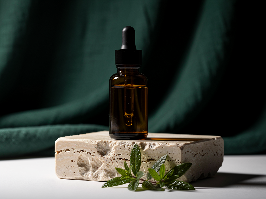 MIRRA 慕然 有機精華瓶置於石灰岩上